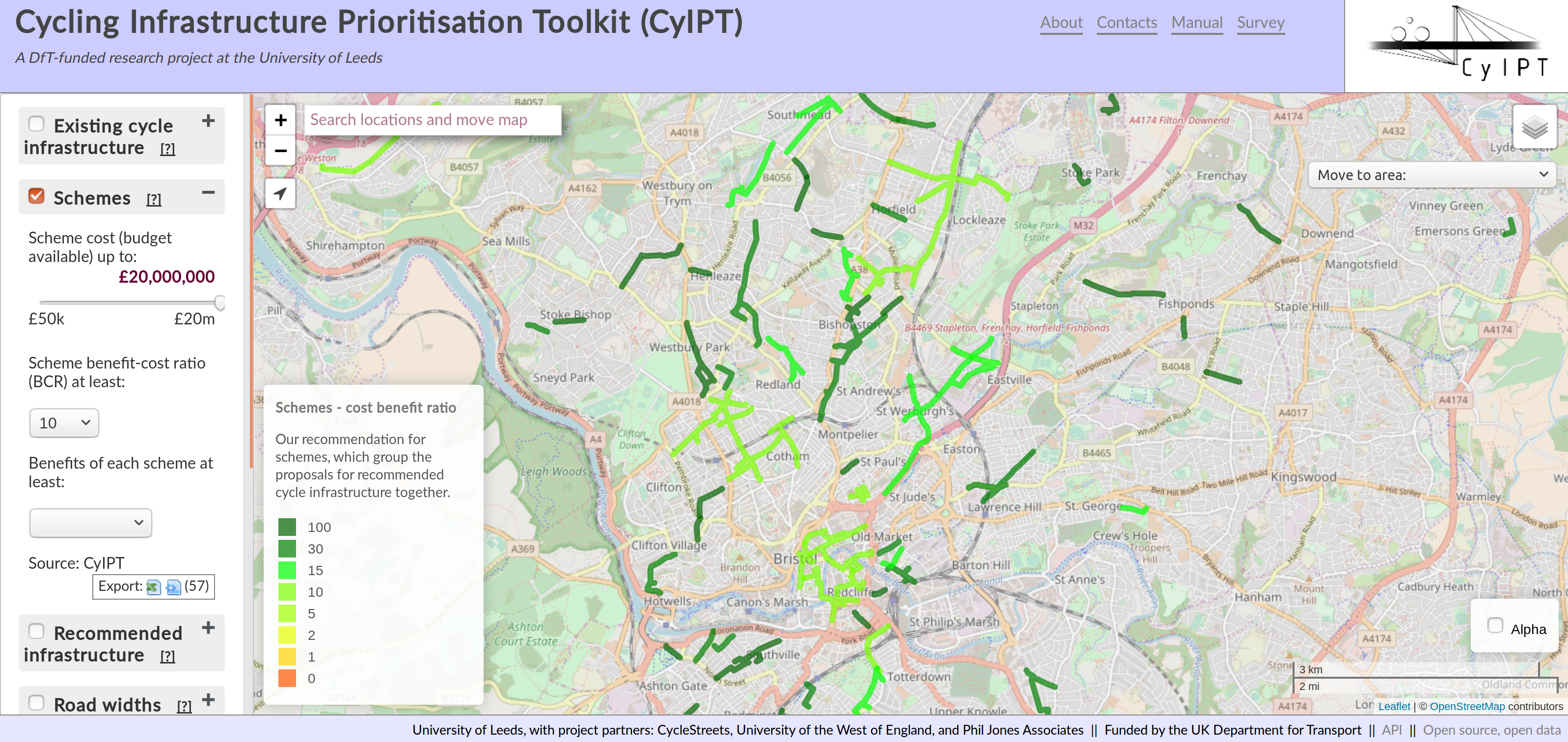 Schemes with high estimated BCRs illustrated for Bristol, selected using the BCR dropdown menu in the Schemes layer.