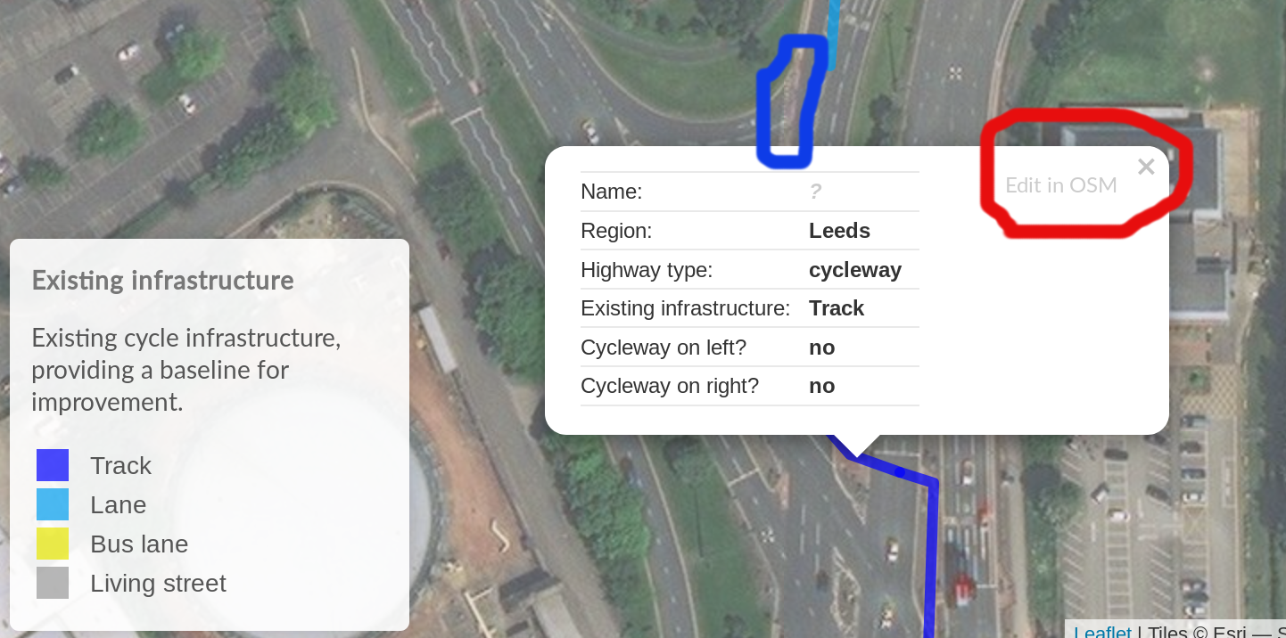The Edit OSM button in the Existing infrastructure layer (see red circle). The presence of a cycle path is clear from the satellite layer (in the blue circle).