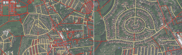 Example of geometric simplification when zoomed out (left) and full detail when zoomed in (right).