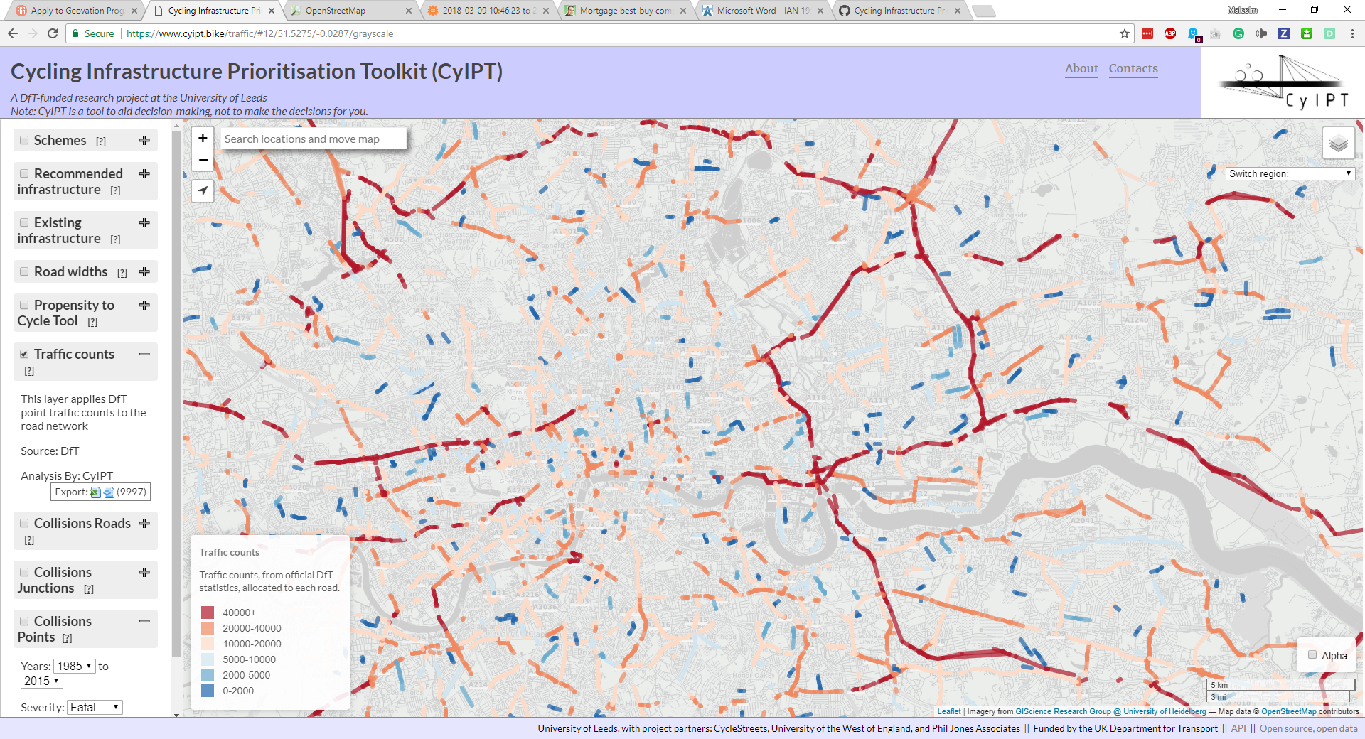 Example of the map of London when rate limited is in effect.