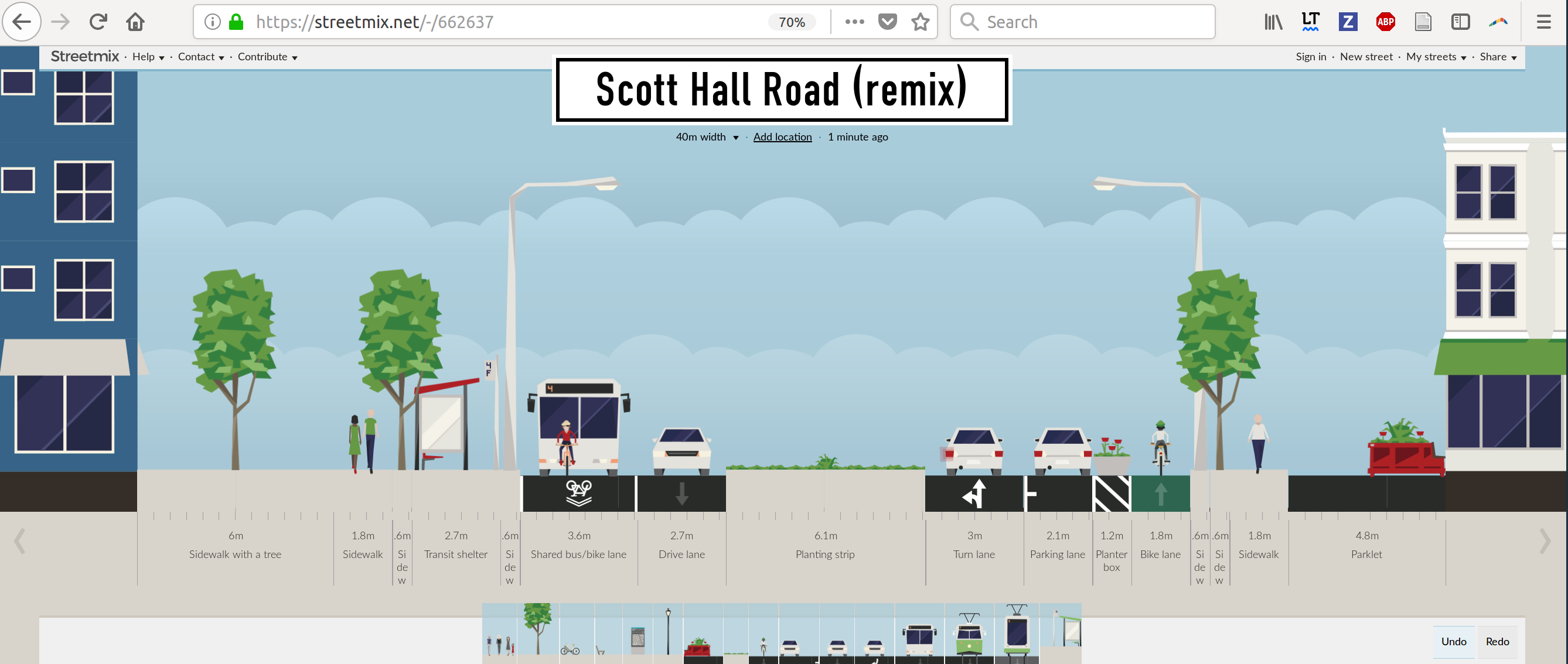Example visualisation from the streetmix website. Could this be a way to help stakeholders assess width constraints?